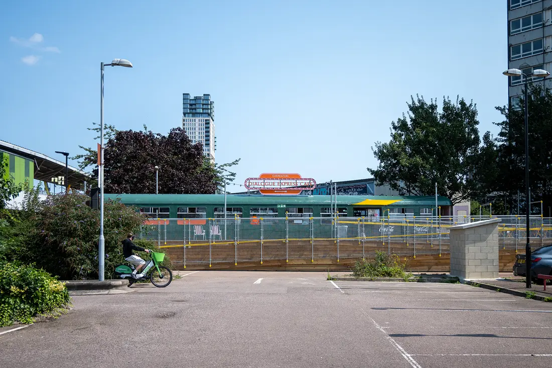 Dennison car park and the train carriage cafe